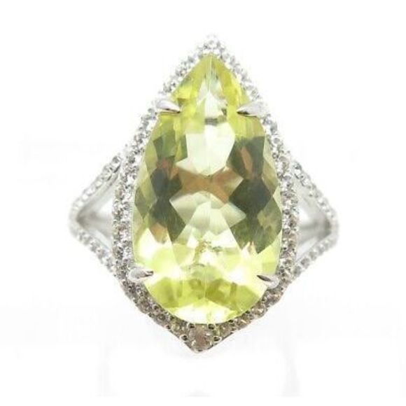 DSMK 925 Sterling Silver Real Pear-Cut Lemon Citrine & White Topaz Ring Size 7 - Picture 3 of 8